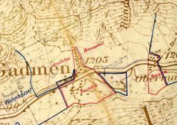 Die erste Lawinengefahrenkarte der Schweiz aus dem Jahr 1954 für die Gemeinde Gadmen (BE). Zu beachten ist, dass die Bauzone damals mit Rot gekennzeichnet wurde.  Copyright: (Foto: Archiv SLF)