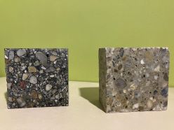 Beton mit und ohne Pyrokohle: Ein Teil Pyrokohle reduziert drei Teile CO2 des Gesamtprodukts.  © Fraunhofer IBP