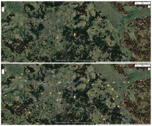 Satelliten-Aufnahmen der Region Berlin mit südlichem Umland – von Brandenburg/Havel bis nach Polen. Auffällig: großflächiger Holzeinschlag für das Tesla-Autowerk bei Grünheide (S-O), Waldbrandgebiet Beelitz 2022 (S-W); intensiverer Holzeinschlag in Polen  Quelle: Screenshot RADD Warnmelder  Copyright: CC-BY 4.0 RADD Europe
