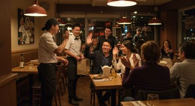 Die sehr freundliche Servicebrigade verabshiedet zufriedene Gäste im Restaurant 