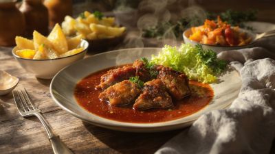 Schmorgericht auf Teller  mit Beilagen