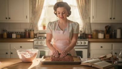 Hausfrau in der Küche beim zubereiten eines Hackbratens