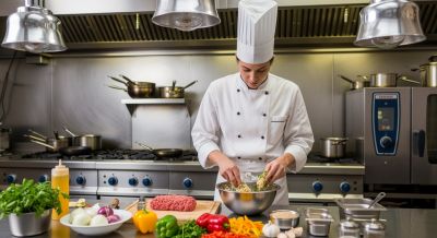 Profikoch in der Restaurantküche beim zubereiten eines Hackbratens