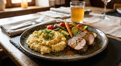 Riebelmais als Beilage zu Fleisch und Gemüse schön auf Teller schön angerichtet