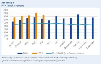 Zahl der Insolvenzen von Personen- und Kapitalgesellschaften in Deutschland laut IWH-Insolvenztrend, Stand: Mai 2025  IWH