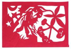 Ginseng-Sucher. Glücklich trägt der Ginseng-Sucher seinen Fund heim. Aus: Bangchui guniang 棒槌姑娘 (Das Ginseng-Mädchen). Scherenschnitt: Hou Yumei 侯玉梅.  Foto: Kathrin Leuenberger
