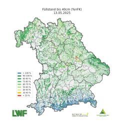 Einblick in den WaldDürreMonitor Bayern: Wasservorrat bis 40 cm Bodentiefe der den Wäldern in Bayern zur Zeit zur Verfügung steht (= %nFK, d.h. Prozentanteil der nutzbaren Feldkapazität)  Quelle: Axel Wellpott, LWF