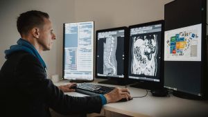 GRK-Sprecher Prof. Dr. Felix Nensa arbeitet mit dem „Patient Dashboard“ an einem radiologischen Befundarbeitsplatz. Copyright: UDE/Bettina Engel-Albustin
