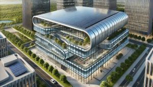Futuristisches Gebäude mit Perowskit-Solarzellen auf dem Dach und integrierter organischer Photovoltaik an den gekrümmten Fassaden © Bild generiert mit Dall-E von OpenAI